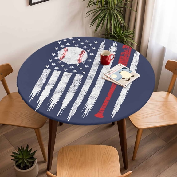 Vintage Navy Blue Baseball Round Fitted Tablecloth with Elastic Edge,Waterproof Table Cloth Fits Tables Up to 45"-54",Wipeable Washable Table Cover for Indoor Outdoor Dinning Party,USA Flag Abstract