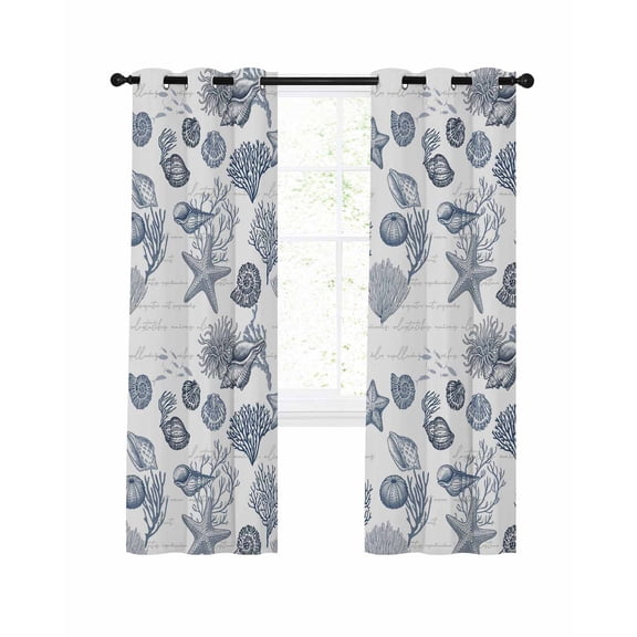 Vintage Navy Blue Blackout Curtains 72 Inch Length Coastal Starfish Corals Shells Conch Ocean Thermal Insulated Window Curtain Window Drapes 2 Panels for Bedroom Living Room 52"Wx72"L