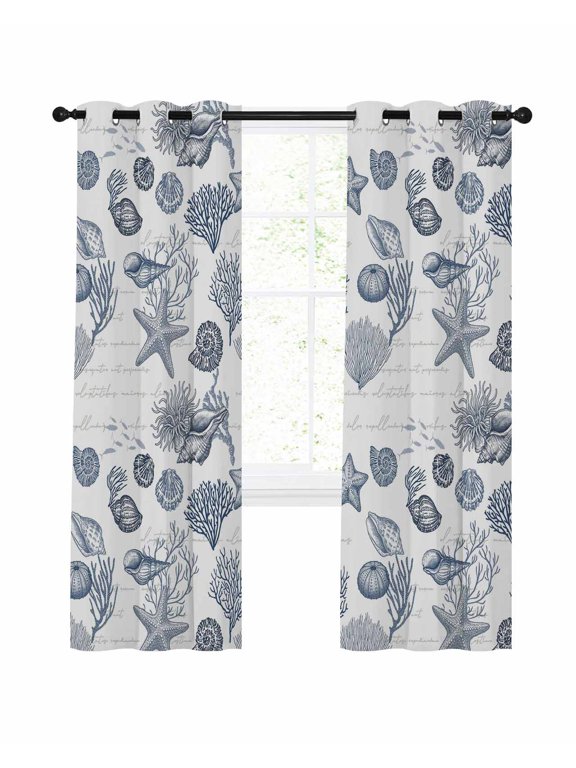 Vintage Navy Blue Blackout Curtains 72 Inch Length Coastal Starfish Corals Shells Conch Ocean Thermal Insulated Window Curtain Window Drapes 2 Panels for Bedroom Living Room 52"Wx72"L