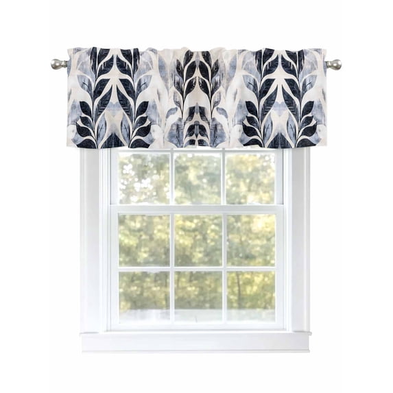 Vintage Navy Blue Botanical Curtain Valances for Windows, Tropical Leaves Modernism Kitchen Valance Window Treatment, Light Filtering Block Curtains for Bathroom/Bedroom/Living Room 54'' x 18''