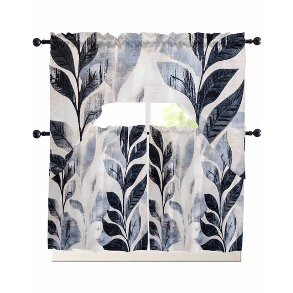 Vintage Navy Blue Botanical Kitchen Curtains Swag Valance and Tier Curtains Set 24 Inch Length, Tropical Leaves Modernism Rod Pocket Drape Panels Pair Swag Curtain for Bathroom/Cafe/Window