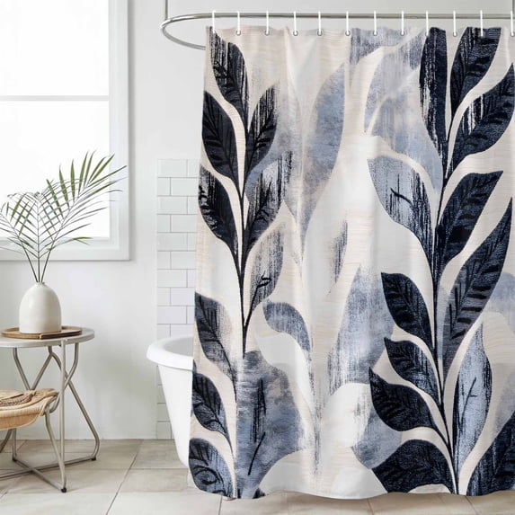 Vintage Navy Blue Botanical Shower Curtain Set, Waterproof Shower Curtains for Bathroom, Tropical Leaves Modernism Washable Fabric Cloth Bath Curtain for Bathtub Decoration with Hooks 48x72 Inches