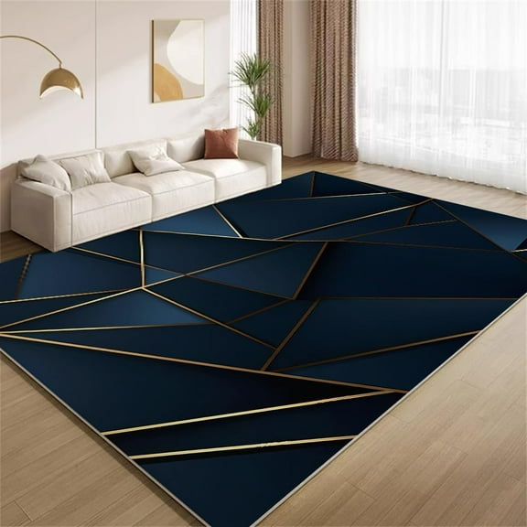 Luxury Blue Gold Rug 3x4ft Area Rugs Modern Gold Line Geometric Rugs Ultra Soft Non Slip Washable Carpet for Living Room Bedroom Study Office Hallway