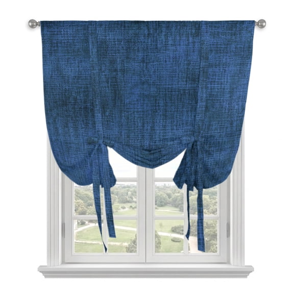 Vintage Navy Blue Linen Texture Tie Up Balloon Window Curtain 42W x 45L Inch, Minimalist Distressed Pattern Rod Pocket Adjustable Tie Up Curtains Small Kitchen Sink Curtains for Cafe Bedroom