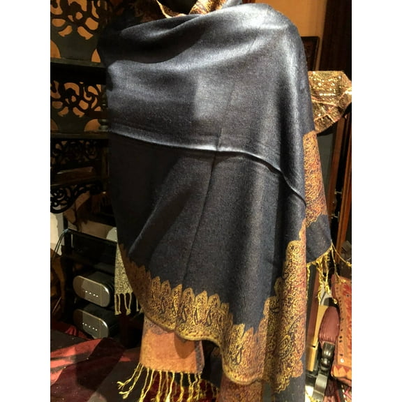 Vintage Navy Blue Paisley Brocade Pashmina Scarf Wrap