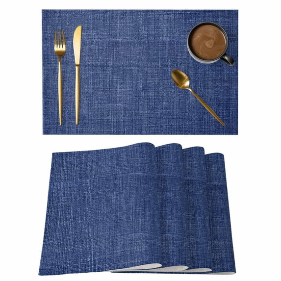 Vintage Navy Blue Placemats Set of 4, Farmhouse Retro Dark Solid Color Linen Texture Placemats for Dining Table, Place Mats for Kitchen Tabletop, Waterproof Wipeable Dining Table Mats Set