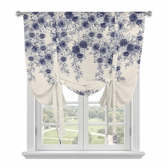 Vintage Navy Blue Roses Balloon Curtains for Bedroom/Front Door/Bathroom, Spring Floral Elegant Pastoral Retro Art Tie Up Curtains 63 Inch Length Kitchen Curtains Shades for Windows 46"x63"