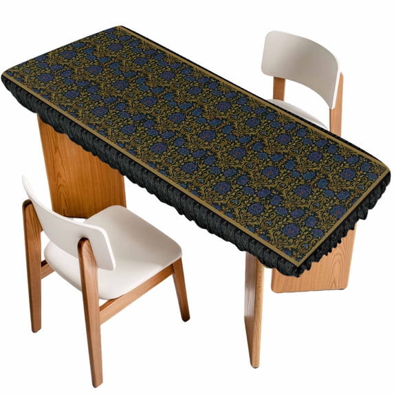 Vintage Navy Blue Roses Table Cloths for 8 Foot Rectangle Tables, Abstract Art Floral Green Leaves Patio Waterproof Elastic Fitted Tablecloths, Washable Rectangular Table Cover for Camping