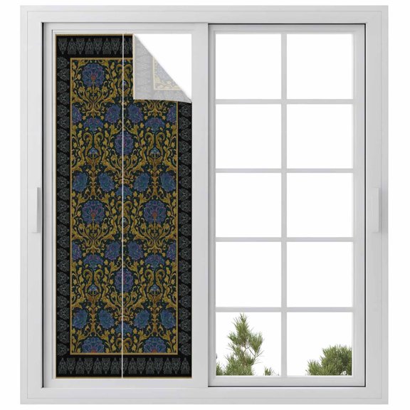 Vintage Navy Blue Roses Window Privacy Film, Abstract Art Floral Green Leaves Static Cling UV Sun Blocking Heat Control Window Tint Day and Night, Non-Adhesive One Way Privacy Cover 29.5''x78.7''