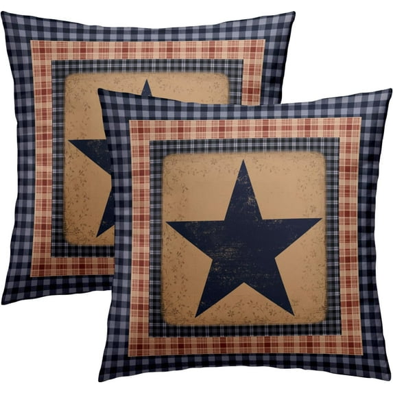 Vintage Navy Blue Star Throw Pillow Covers 20x20 Inch Navy Blue Red Primitive Outdoor Pillow Cover Set of 2 Rustic Farmhouse Home Decorative Square Double Sided Cushion Cover for Sofa Bedroom Porch