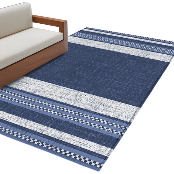Vintage Navy Blue Striped Area Rug 4x6 Washable Rug Non Slip Farmhouse Modern Stripes Boho Large Area Rug Indoor Floor Carpet for Entryway Bedroom Kitchen Living Room Home Office Dining Room Nursery