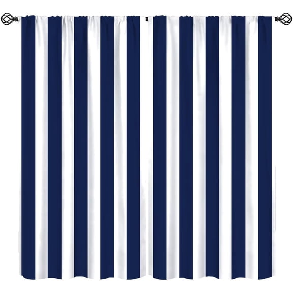 Vintage Navy Blue Striped Blackout Curtains, Vertical Stripe Pattern Window Drapes with Grommets, Farmhouse Bedroom Living Room Kitchen Decor Panels 53"W x 96"L (Pack of 2)