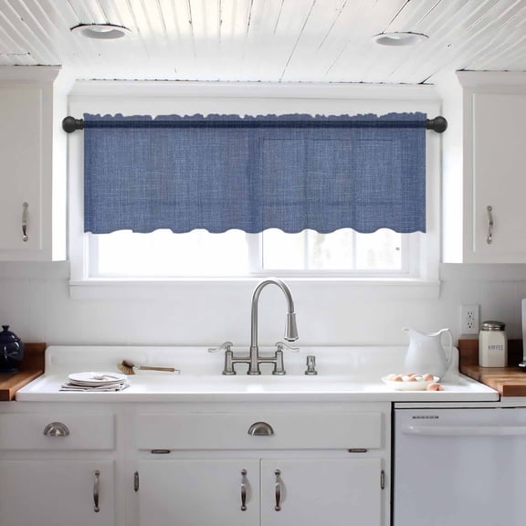 Vintage Navy Blue Valance Curtains for Kitchen/Living Room/Bathroom/Bedroom Window,Farmhouse Retro Dark Solid Color Linen Texture Small Topper Half Short Window Curtains Sheer Scarf 42"x12"