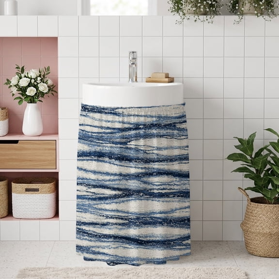 Vintage Navy Blue Waves Small Sink Skirt, Bathroom Vanity Cabinet Adhesive Curtain, Coastal Nautical Abstract Art Utility Under Sink Cover Decorative Kitchen Cabinet Curtains 10"x11"