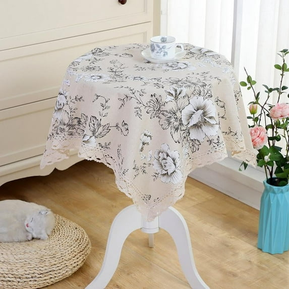 Vintage Navy Damask Pattern Decorative Macrame Lace Tablecloth Heavy Weight Cotton Linen Fabric Decorative Table Top Cover