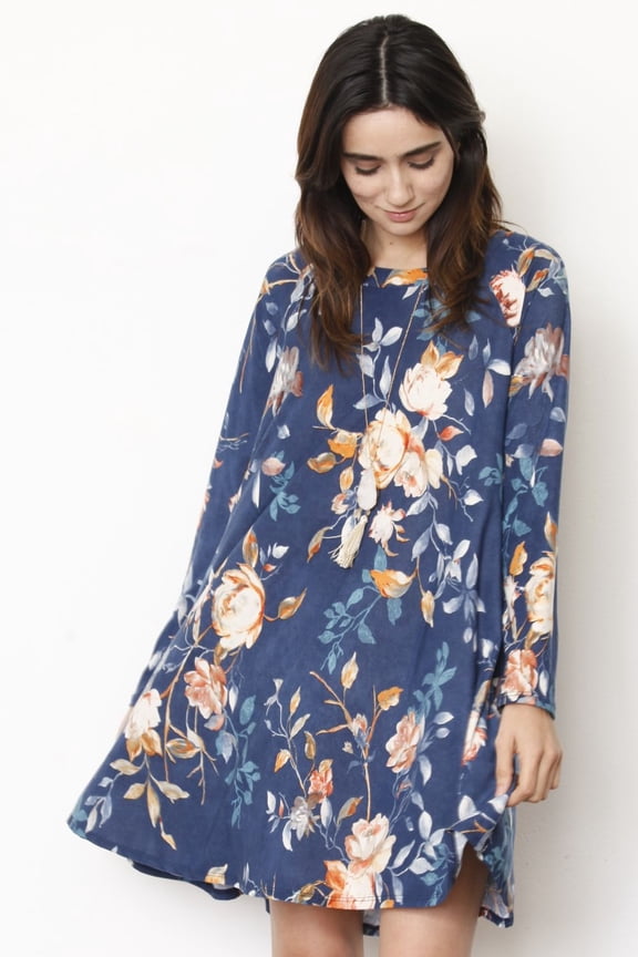 Vintage Navy Floral Long Sleeve A-Line Mini Dress