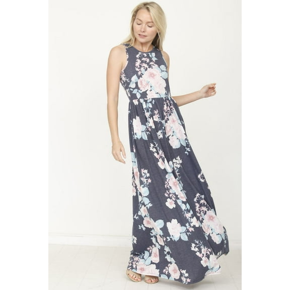Vintage Navy Floral Sleeveless Maxi Dress_Plus