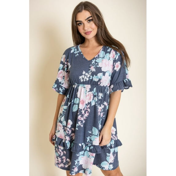 Vintage Navy Pink Floral Ruffle Trim Midi Dress