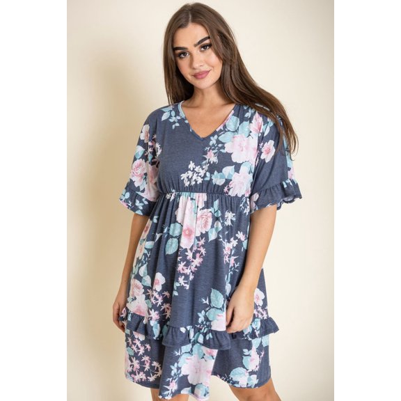 Vintage Navy Pink Floral Ruffle Trim Midi Dress