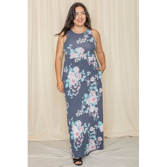 Vintage Navy Pink Floral Sleeveless Maxi Dress_Plus