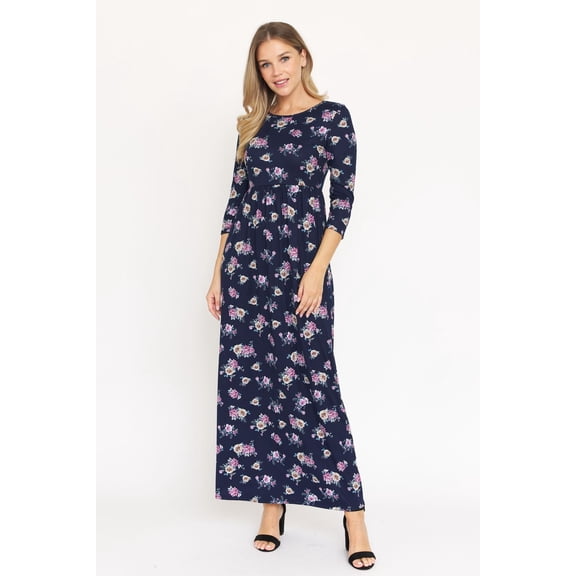 Vintage Navy Purple Bouquet Floral 3/4 Sleeve Maxi Dress_Plus