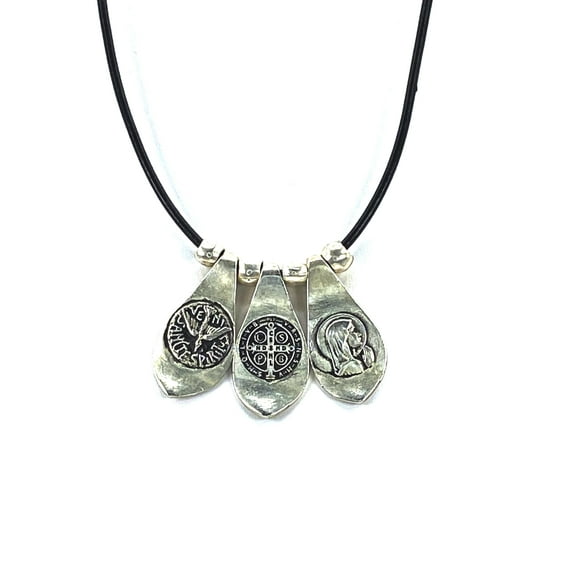 Vintage Necklace of The Virgin Mary, St Benedict, and the Holy Spirit. Handmade Jewelry by Graciela's Collection