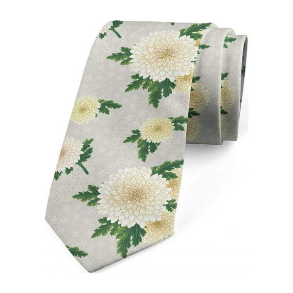 Vintage Necktie, Muted Tone Chrysanthemums, Dress Tie, 3.7", Coconut and Fern Green, by Ambesonne