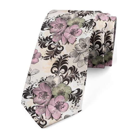 Vintage Necktie, Nostalgic Floral Pattern, Dress Tie, 3.7", Multicolor, by Ambesonne