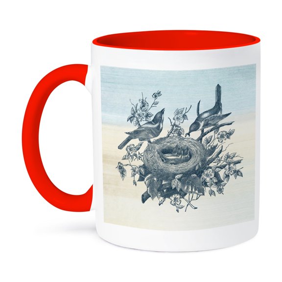 Vintage Nest Of Birds Feeding Time, 11oz Two-Tone Red Mug