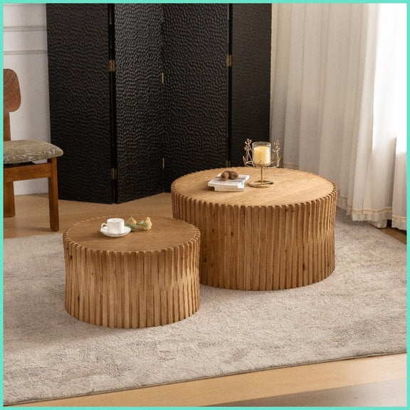 Vintage Nesting Round Coffee Table Set - 31.5" & 23.62", Natural MDF & Fir Wood, Space-Saving & Easy-Clean