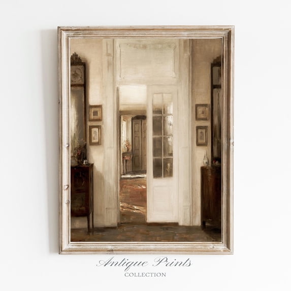 Vintage Neutral European Wall Art, Antique Interior, Farmhouse Wall Decor, Apartment Print, Poster, Unframed Canvas Size 8x12