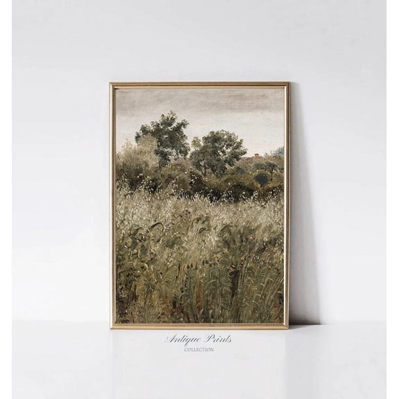 Vintage Neutral Landscape Wall Art, Wildflower Field Antique s, Country, Unframed Paper Print