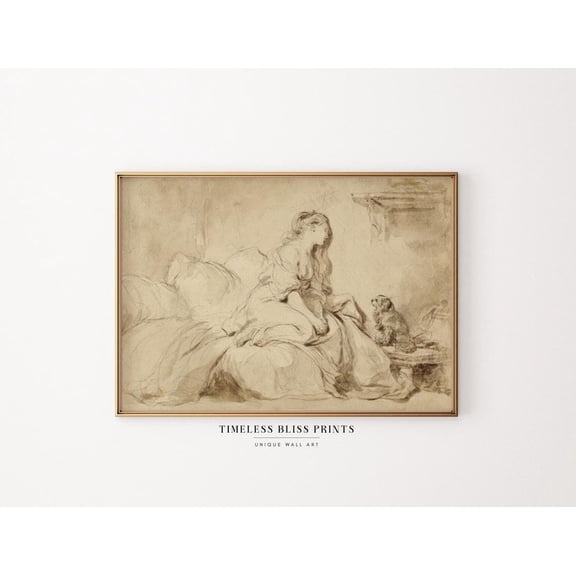 Vintage Neutral Print Woman Dog Drawing Sketch Art Print Antique Neutral Muted Woman and Dog Wall Art Beige Brown Sepia Poster Decor, Unframed Poster Size 12x18 F03.1.22l118