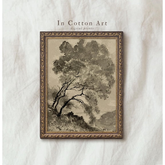 Vintage Neutral Tree Sketch Botanical Rustic Etching Decorative Wall Art Poster
