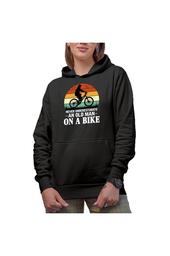 Vintage Never Underestimate an Old Man on a Bike - Biker, Bicyclist or Cyclist Grandpa, Black Hooded Sweatshirt or Hoodie, 2XL