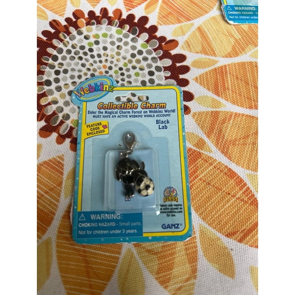 Vintage New On Card Webkinz World Charm - BLACK LAB Dog w/Soccer Ball Feature Code (BONUS 1 PACK WEBKINZ STICKERS WITH CODE)