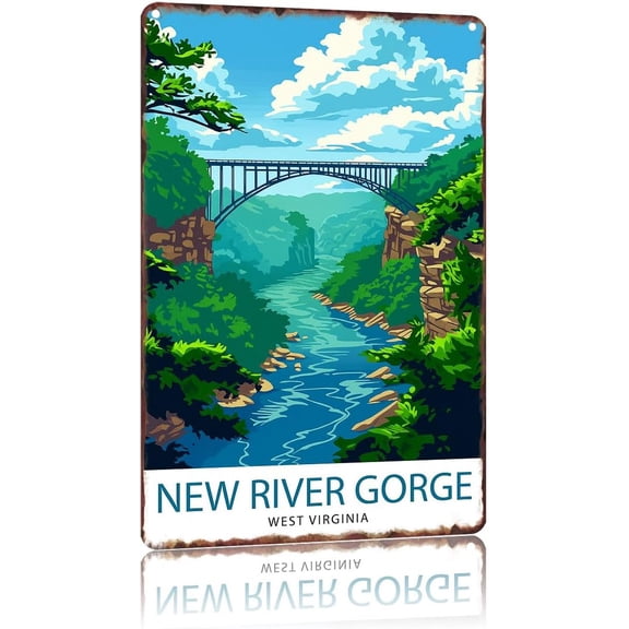 Vintage New River Gorge Bridge Metal Wall Art Poster, Travel Scenery Home Decor Sign for Living Room Bedroom Office Restaurant, 8 x 12 Inch