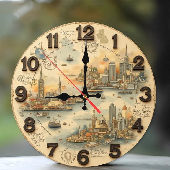 Vintage New York City Harbor Wall Clock 10-Inch Silent Wooden Wall Clock, Battery Operated (AA Batteries Not Included), Artistic Home Decor