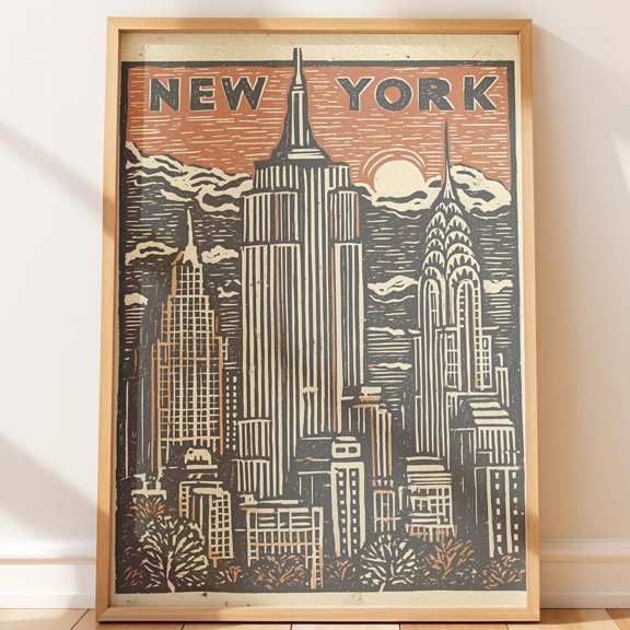 Vintage New York City Skyline Folk Retro Lino Style Travel Native Wall Art Print