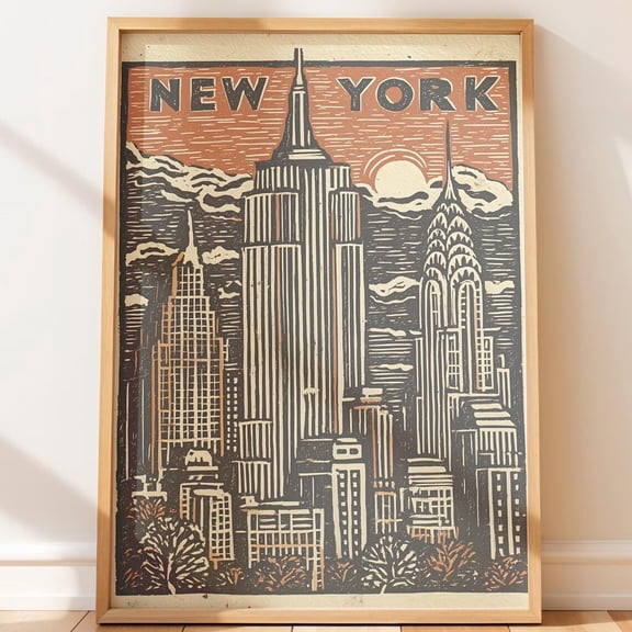 Vintage New York City Skyline Retro Wall Art Folk Empire State Building Retro Lino Style Travel Native Style, Stretched Canvas