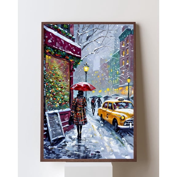 Vintage New York City Wall Art, Snowy City Scene Poster With Yellow Taxi, Nostalgic, 1970S, Stretched Canvas Size 8x12