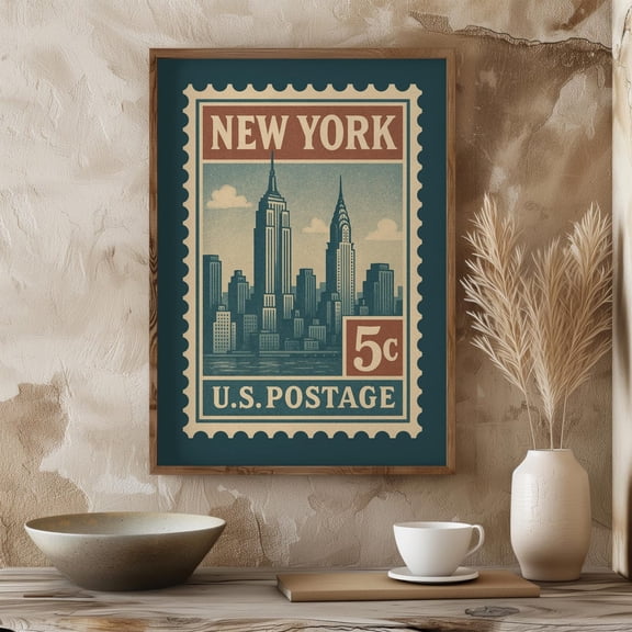 Vintage New York Postage Stamp Poster Retro Nyc Skyline Wall Art Empire State Building & Chrysler Decor, Unframed Poster Size 12x18