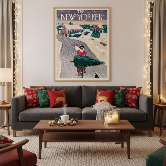 Vintage New Yorker Cover Art Poster: Snowy Winter Village, Unframed Poster Size 24x36