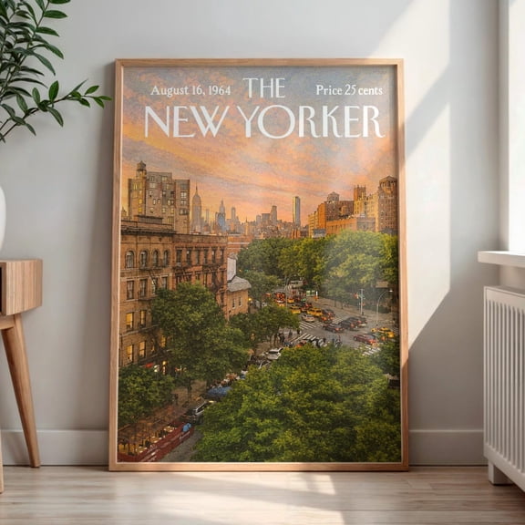 Vintage New Yorker Poster Retro NYC Brownstone Sunset Street Print Manhattan Upper West Side Wall Art Mid Century Magazine Cover