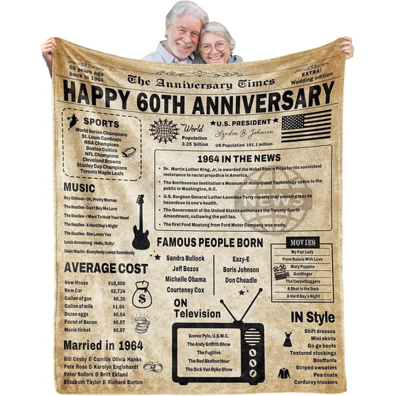 Vintage Newspaper Back In 1964 Blanket, Happy 60th Anniversary Wedding Blanket, Vintage Diamond Wedding Anniversary Gift Idea For Husband Wife, 60x80in Fleece Blanket