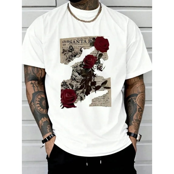 Vintage Newspaper Collage Red Roses Graphic Tee