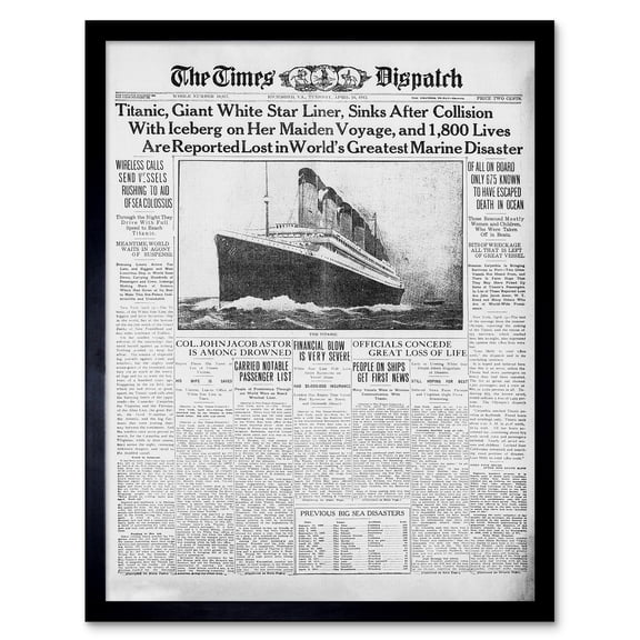 Vintage Newspaper Front Page The Times Dispatch Article Titanic Maiden Voyage Marine Disaster 1912 Art Print Framed Poster Wall Decor 12x16 inch