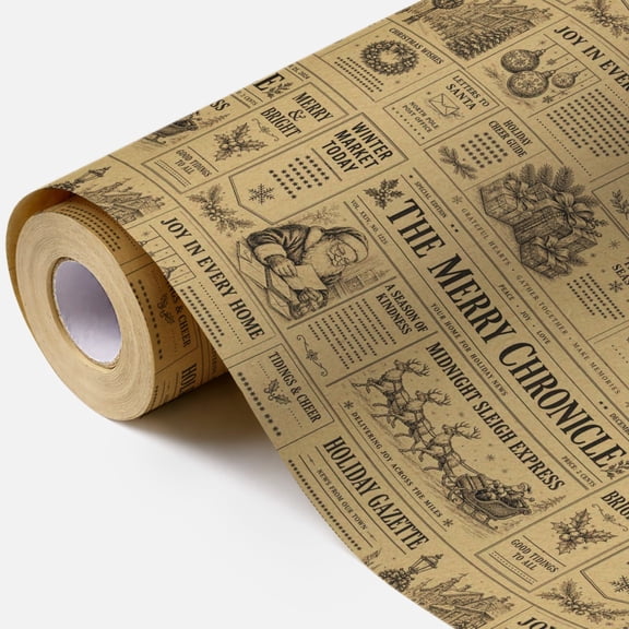 Vintage Newspaper‑Style Christmas Wrapping Paper, Single Sided Retro Holiday Gift Wrap with Santa Reindeer Sleigh Christmas Tree Wreath Pattern for Holiday Presents