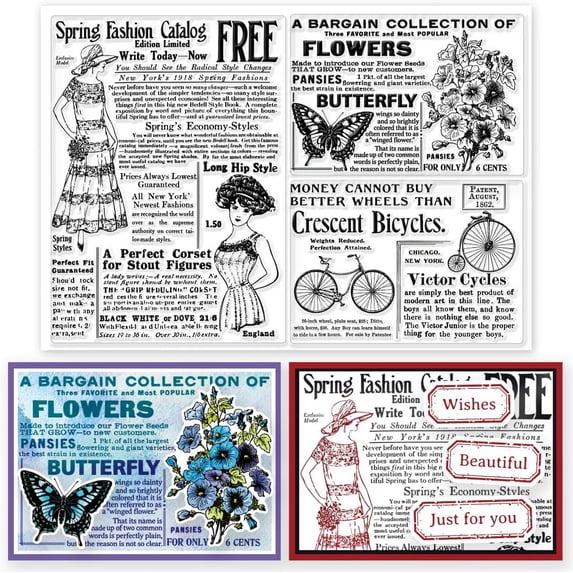 Vintage Newspaper Text Background Transparent Clear Stamps Retro Lady Butterfly Embossing Stamp Sheets Silicone Clear Stamps Seal for DIY Scrapbooking and Card Making Paper Craft Decor