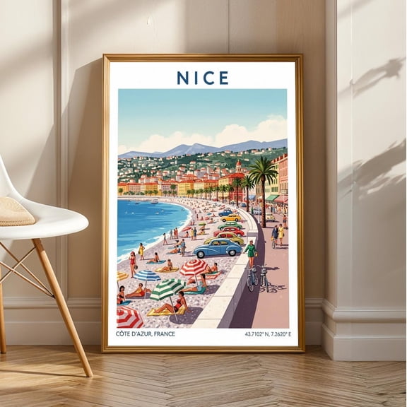 Vintage Nice Beach Promenade Poster: French Riviera Travel Art, Unframed Poster Size 24x36